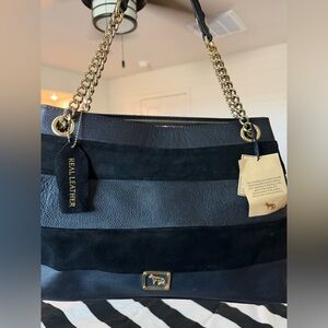 Emma Fox Black Leather & Suede Tote with Gold Chain Handles